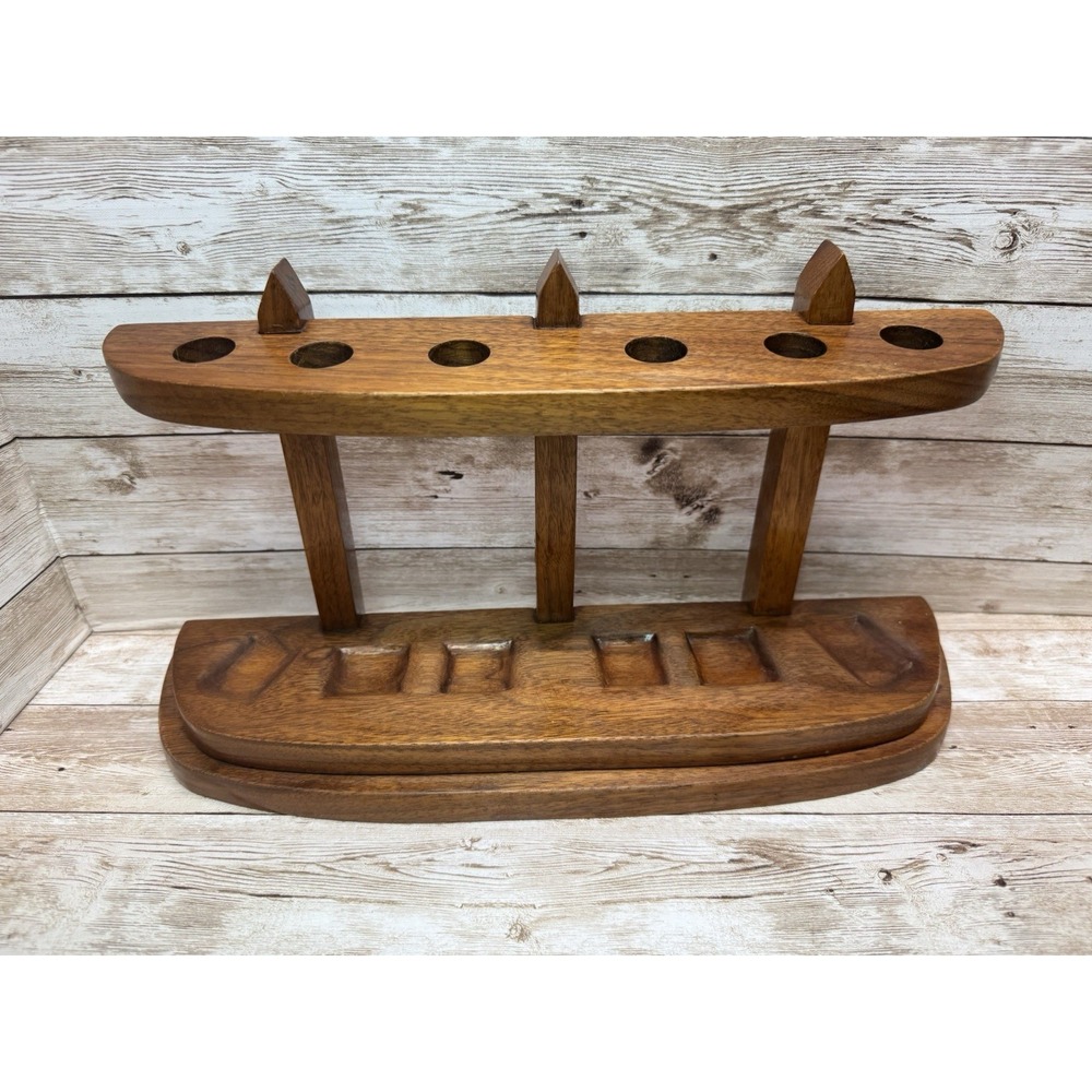 Vintage American Solid Walnut Wood Tobacco 6 Pipe Stand Rack Holder Decatur?